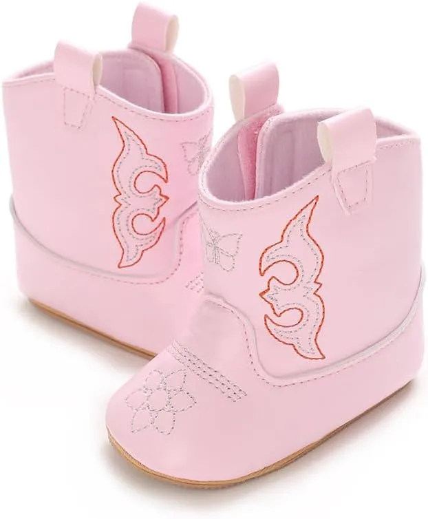 Baby Boys Girls Western Cowboy Embroidery Leather Boots Infant Moccasins High Top Booties Toddler Soft Sole Non-Slip First Walker Crib Shoes