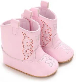 Baby Boys Girls Western Cowboy Embroidery Leather Boots Infant Moccasins High Top Booties Toddler Soft Sole Non-Slip First Walker Crib Shoes