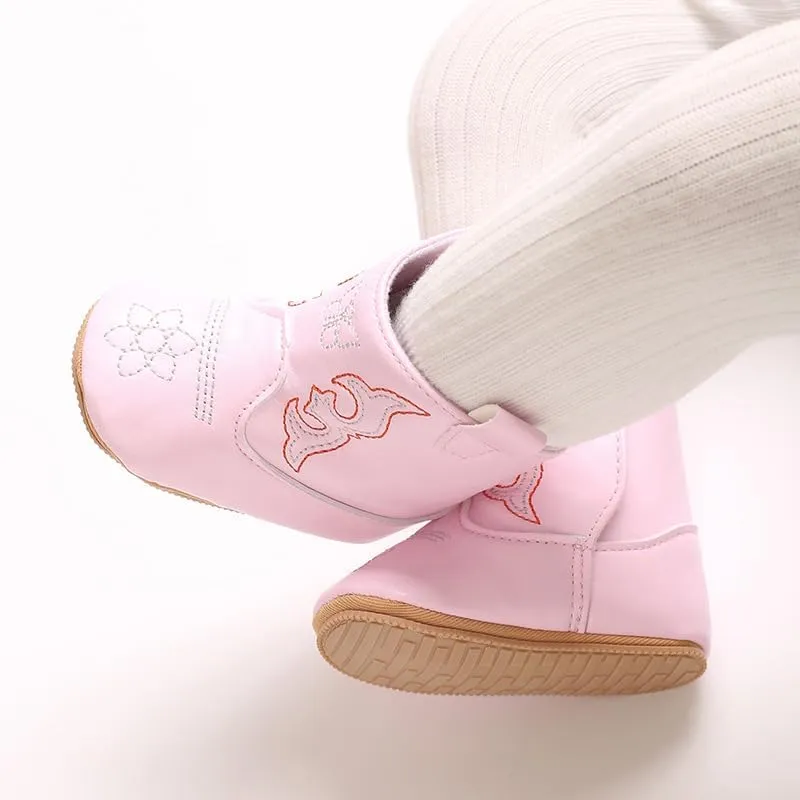 Baby Boys Girls Western Cowboy Embroidery Leather Boots Infant Moccasins High Top Booties Toddler Soft Sole Non-Slip First Walker Crib Shoes