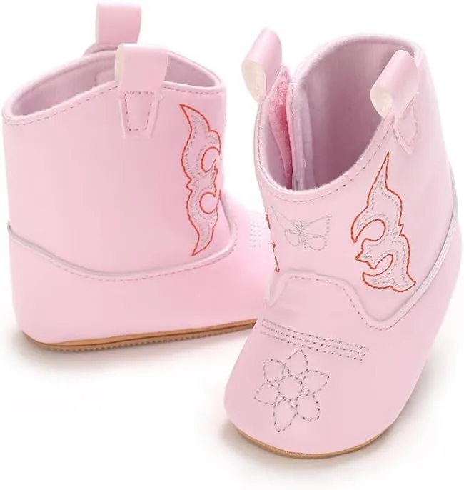 Baby Boys Girls Western Cowboy Embroidery Leather Boots Infant Moccasins High Top Booties Toddler Soft Sole Non-Slip First Walker Crib Shoes