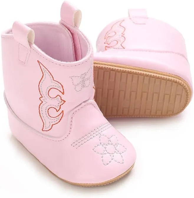 Baby Boys Girls Western Cowboy Embroidery Leather Boots Infant Moccasins High Top Booties Toddler Soft Sole Non-Slip First Walker Crib Shoes