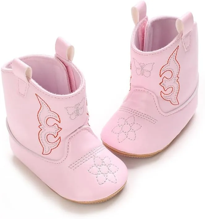 Baby Boys Girls Western Cowboy Embroidery Leather Boots Infant Moccasins High Top Booties Toddler Soft Sole Non-Slip First Walker Crib Shoes