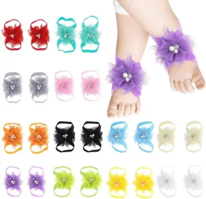 Baby Girl's Barefoot Sandals Bow, 12 Pairs Elastic Ribbon Strap String Soleless Footless Shoes, Bows Feet Wraps Accessories for Baby Girls Newborns Infants Toddlers Kids