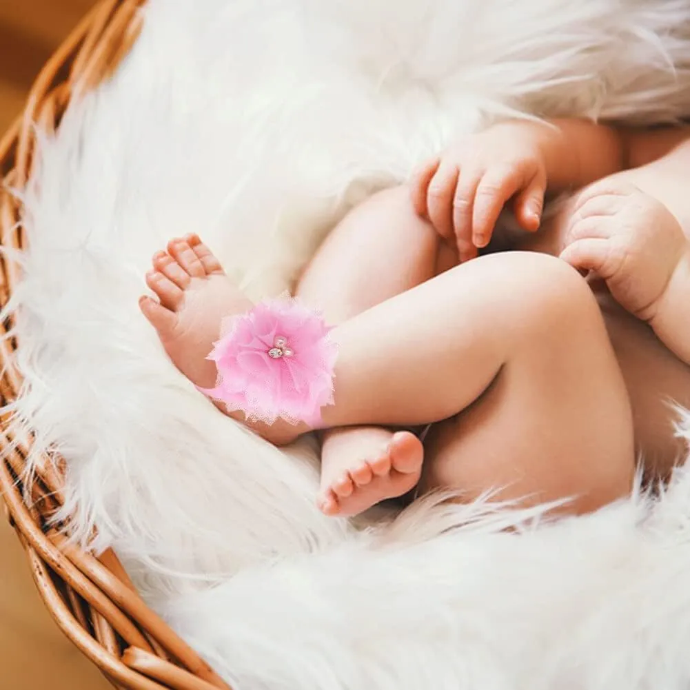 Baby Girl's Barefoot Sandals Bow, 12 Pairs Elastic Ribbon Strap String Soleless Footless Shoes, Bows Feet Wraps Accessories for Baby Girls Newborns Infants Toddlers Kids