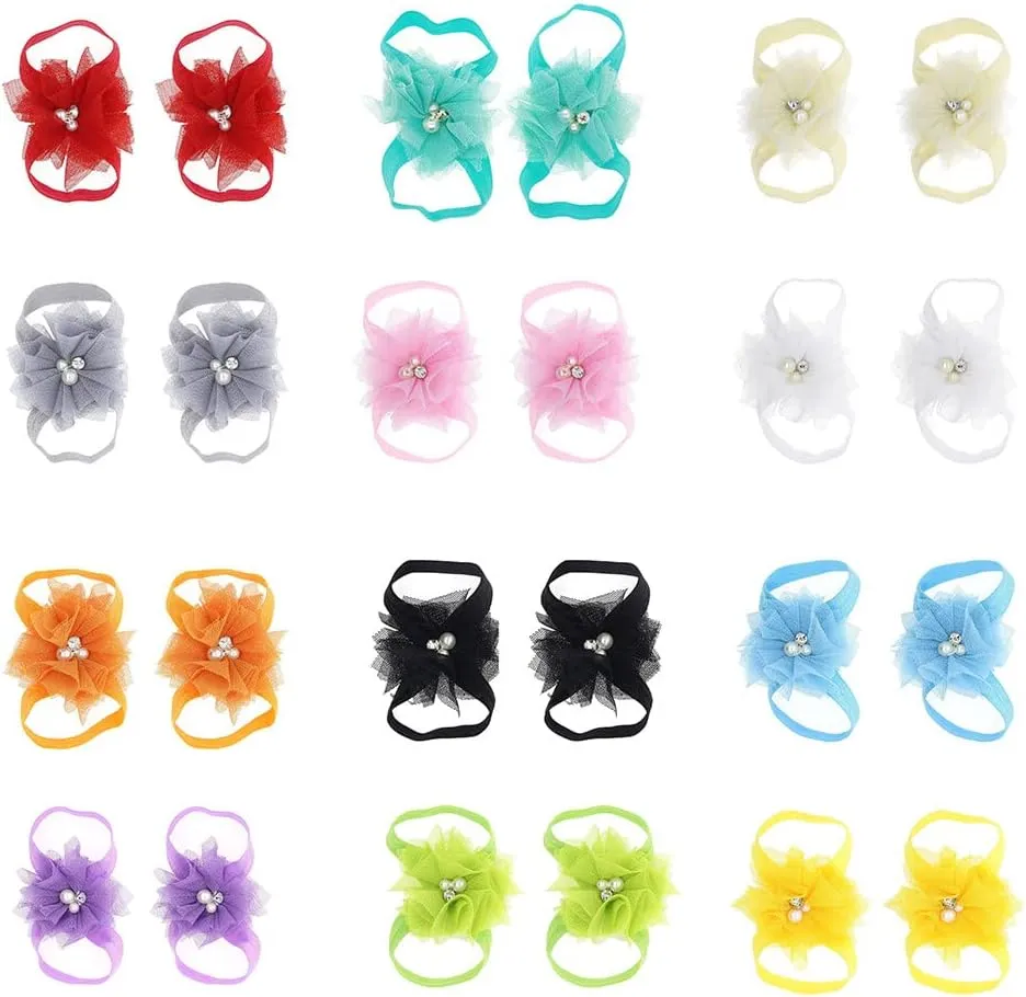 Baby Girl's Barefoot Sandals Bow, 12 Pairs Elastic Ribbon Strap String Soleless Footless Shoes, Bows Feet Wraps Accessories for Baby Girls Newborns Infants Toddlers Kids