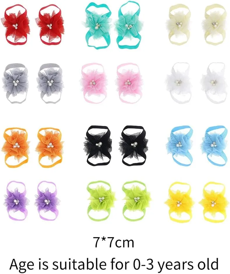 Baby Girl's Barefoot Sandals Bow, 12 Pairs Elastic Ribbon Strap String Soleless Footless Shoes, Bows Feet Wraps Accessories for Baby Girls Newborns Infants Toddlers Kids