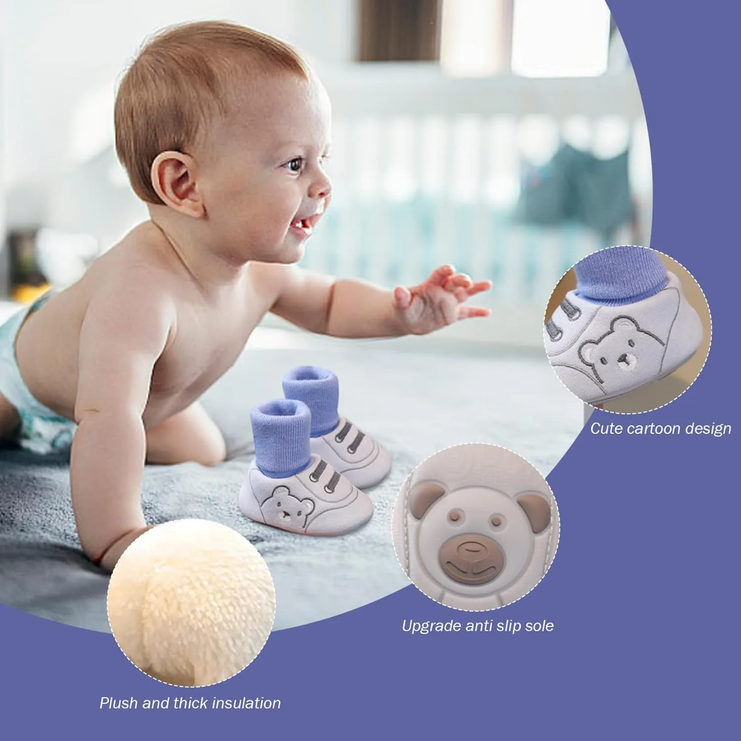 Baby Winter Shoes for Toddlers 0-6 Month, Cute Bear Plush Baby Sock Shoes Non-Slip Unisex Comfortable and Warm Baby Boots Soft Sole Shoes 11cm