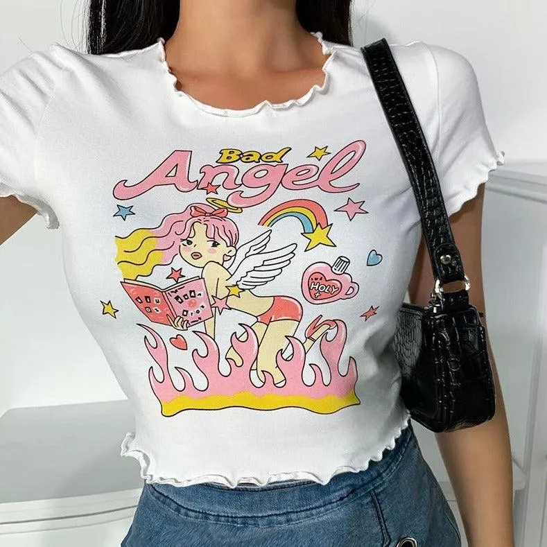 Bad Angel Women's Tee Cute Large Graphic Print Ruffled Edges Great Summer Tee Casual Tee Girls Tee