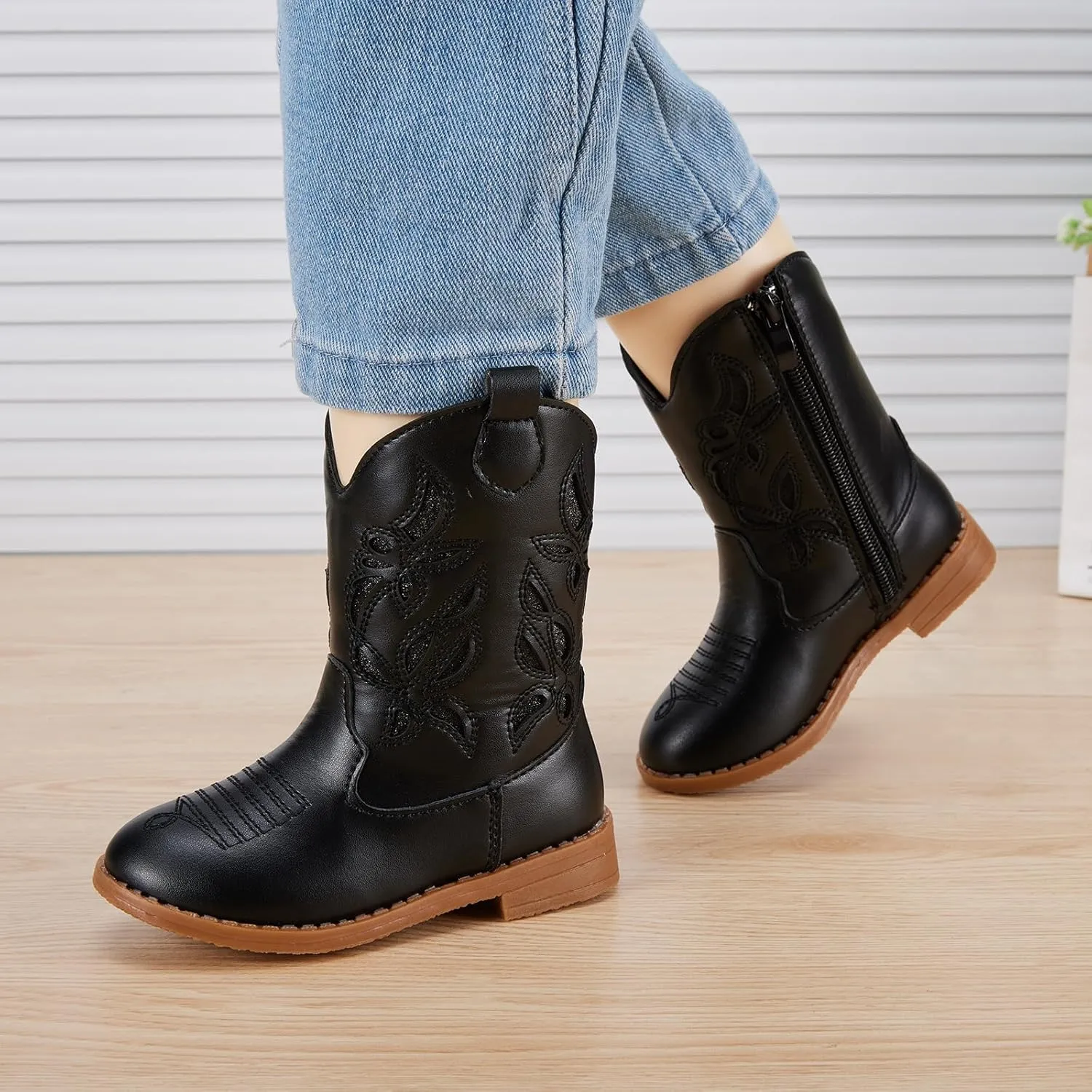 BMCiTYBM Toddler Girls Cowboy Cowgirl Boots Little Kids Pointed Toe Western Boots Mid Calf Side Zipper Riding Shoes for All Seasons (Toddler/Little Kid)