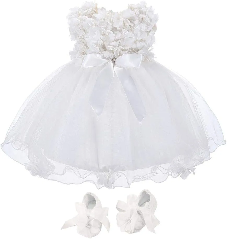 Bow Dream Baby Flower Girl Dress with Shoes Applique Birthday Princess Party