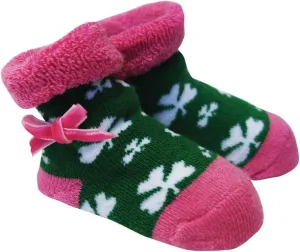 Carrolls Irish Gifts Green and Pink Baby Boots With White Shamrocks and Pink Ribbon