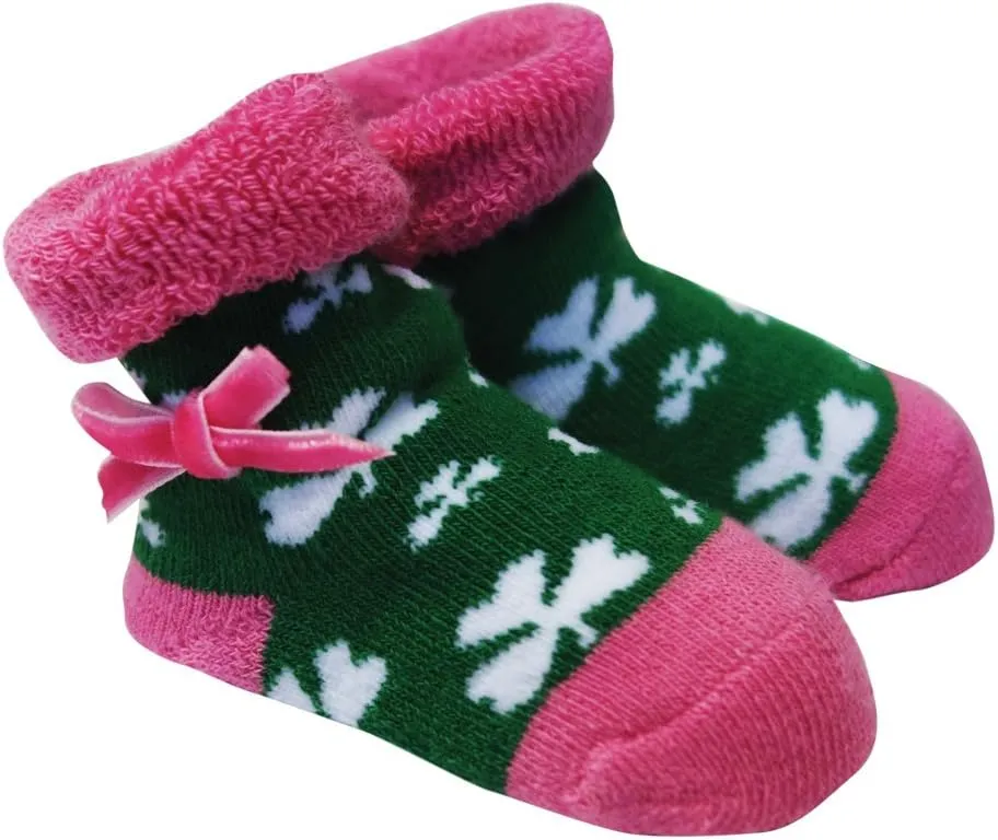 Carrolls Irish Gifts Green and Pink Baby Boots With White Shamrocks and Pink Ribbon
