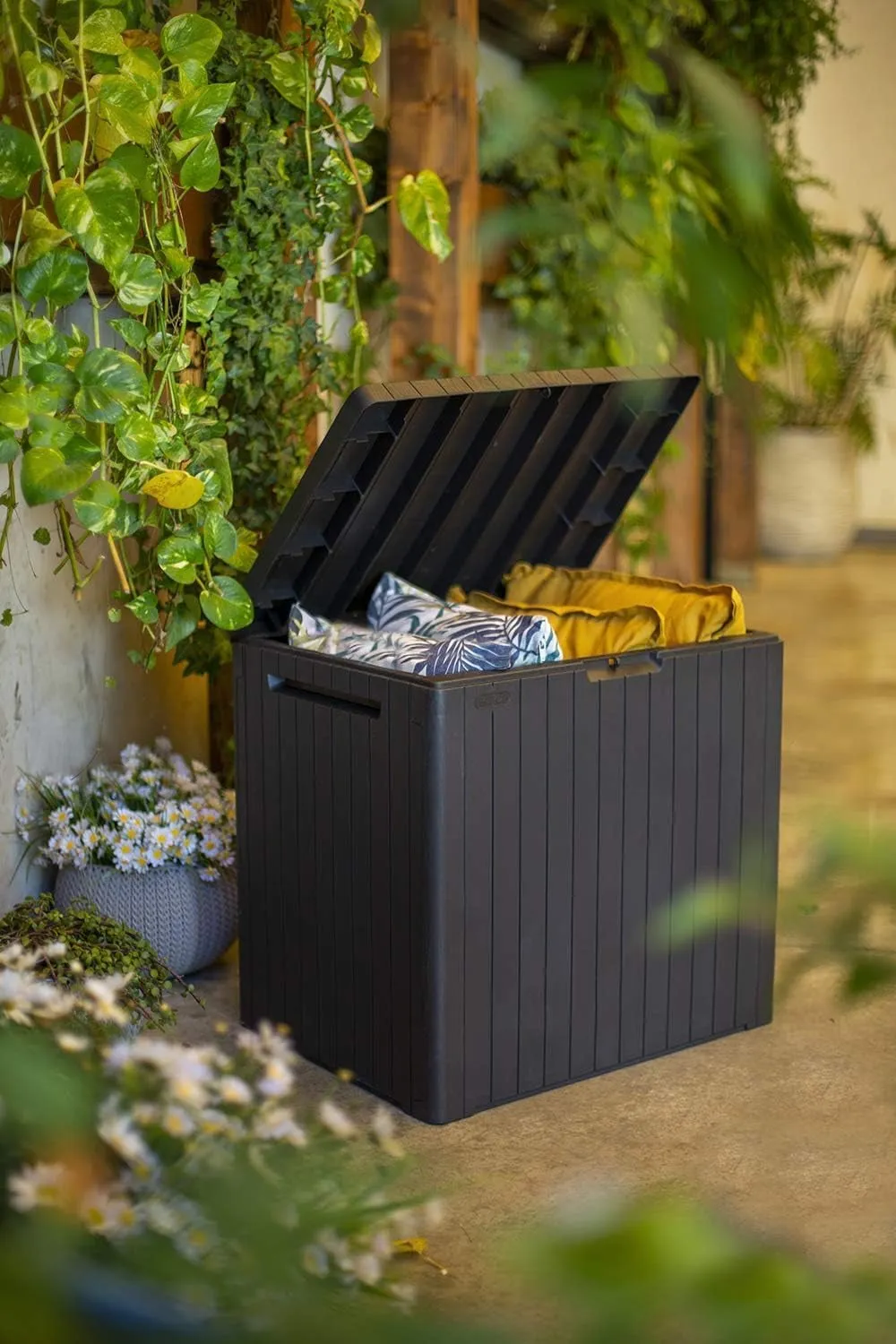 City 30 Gallon Resin Outdoor Storage Box and Patio Furniture Side Table for Pool and Garden Accessories, Dark Grey