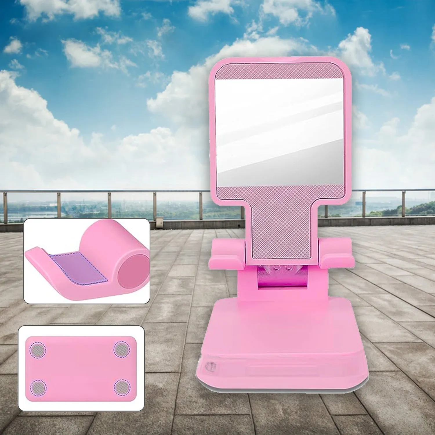 DESKTOP CELL PHONE STAND PHONE HOLDER WITH MIRROR FULL 3-WAY ADJUSTABLE PHONE STAND FOR DESK HEIGHT   ANGLES PERFECT AS DESK ORGANIZERS AND ACCESSORIES