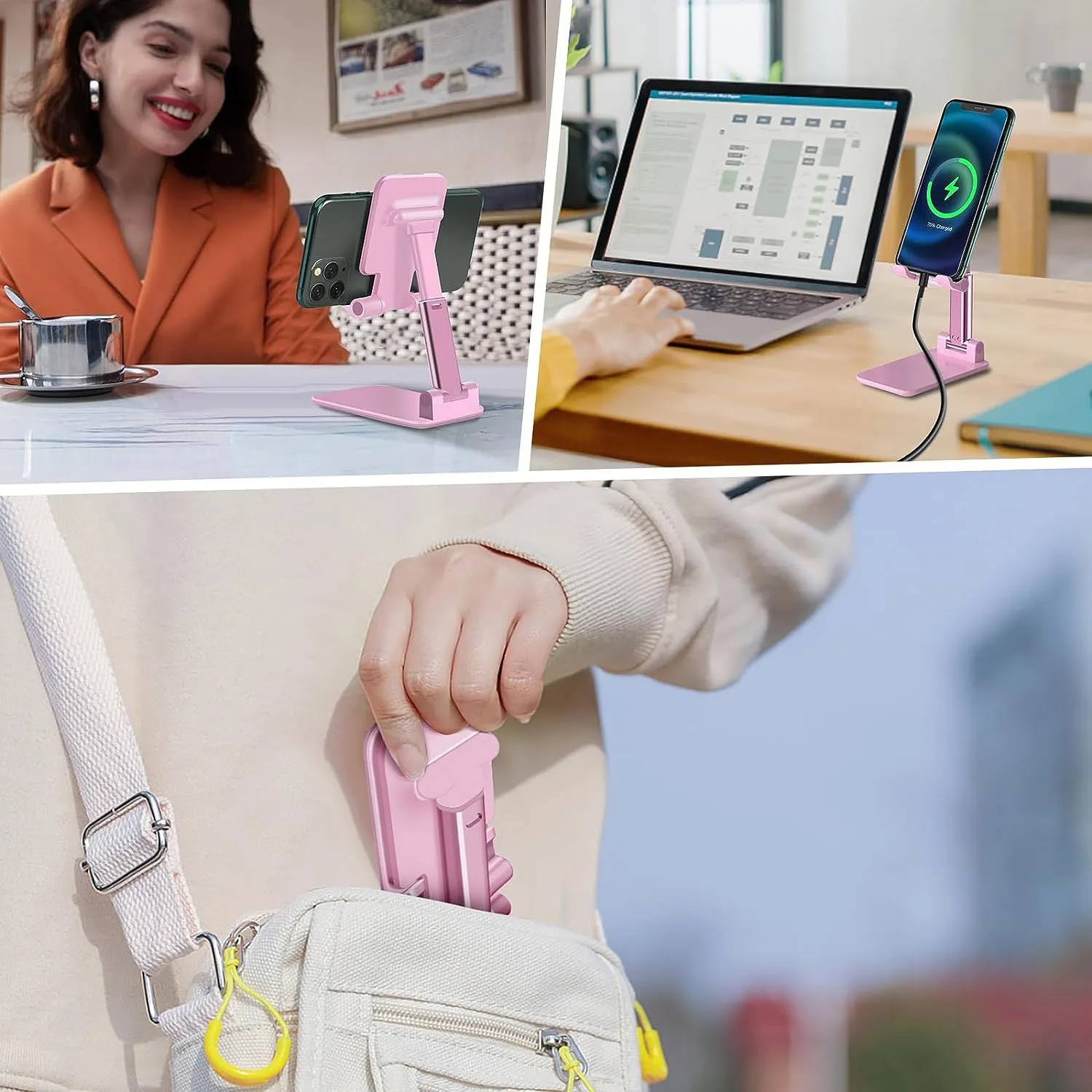 DESKTOP CELL PHONE STAND PHONE HOLDER WITH MIRROR FULL 3-WAY ADJUSTABLE PHONE STAND FOR DESK HEIGHT   ANGLES PERFECT AS DESK ORGANIZERS AND ACCESSORIES