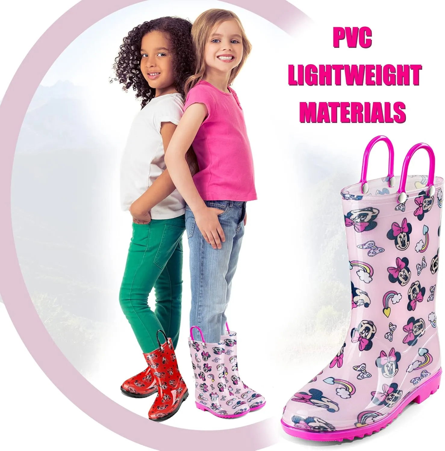 Disney Minnie Mouse Girls' Waterproof PVC Rain Boots with Easy-On Handles  Toddler & Little Kid Sizes
