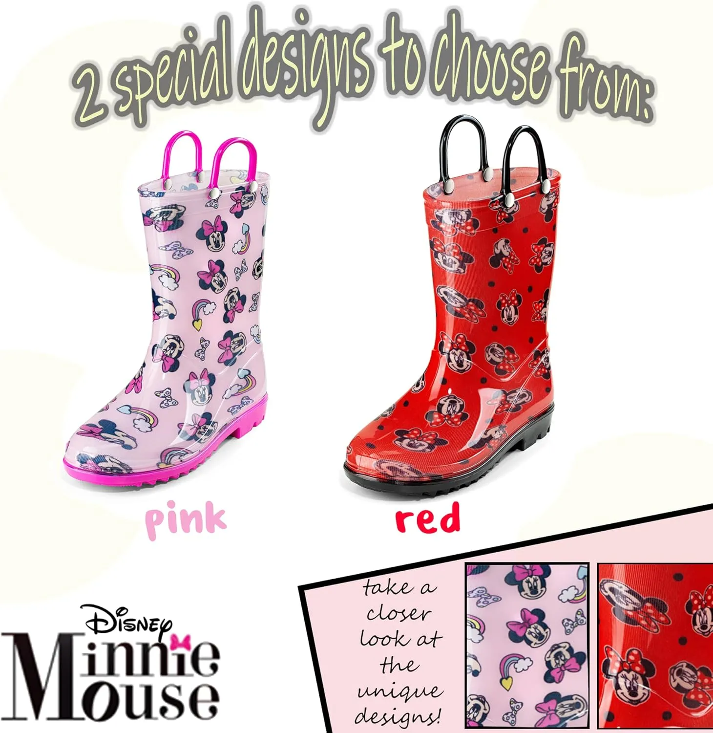 Disney Minnie Mouse Girls' Waterproof PVC Rain Boots with Easy-On Handles  Toddler & Little Kid Sizes
