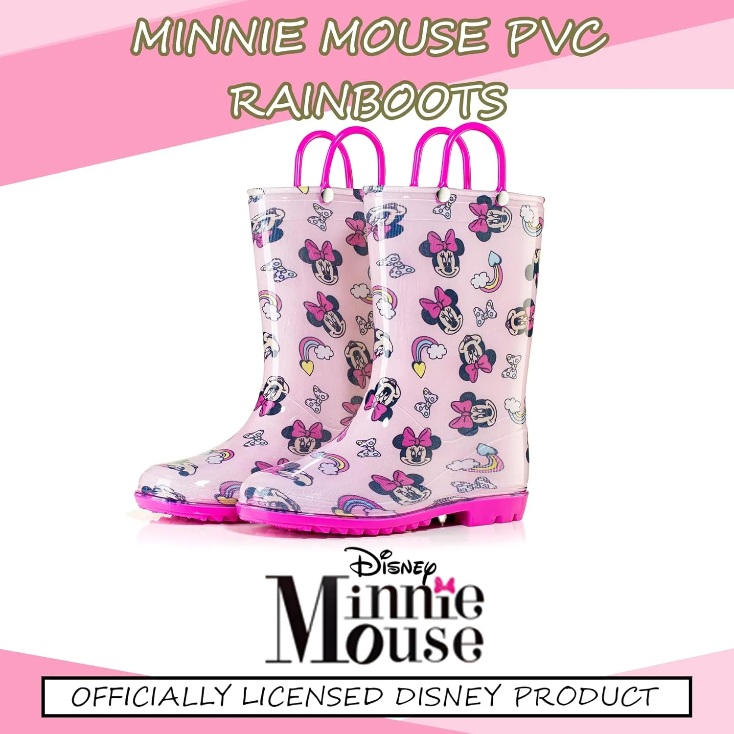 Disney Minnie Mouse Girls' Waterproof PVC Rain Boots with Easy-On Handles  Toddler & Little Kid Sizes