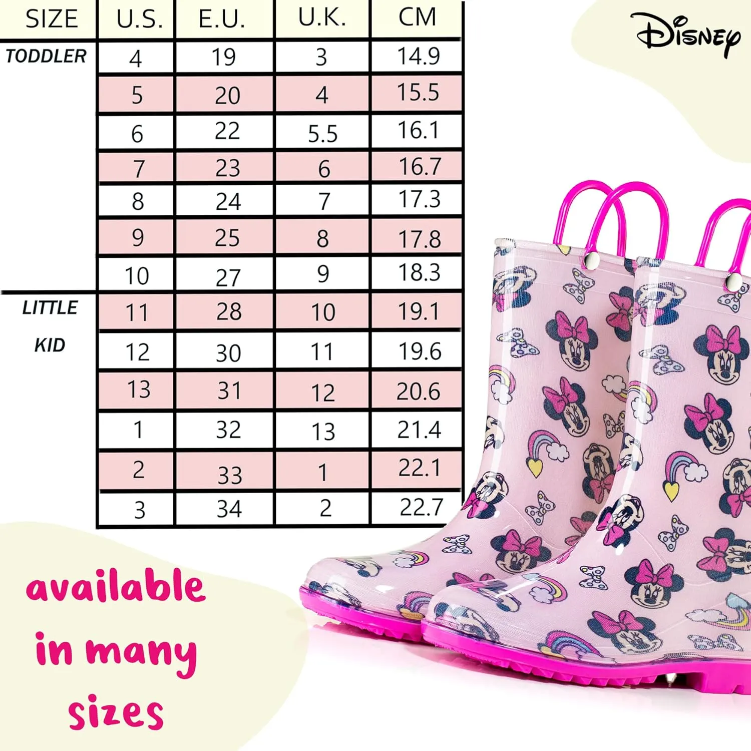 Disney Minnie Mouse Girls' Waterproof PVC Rain Boots with Easy-On Handles  Toddler & Little Kid Sizes