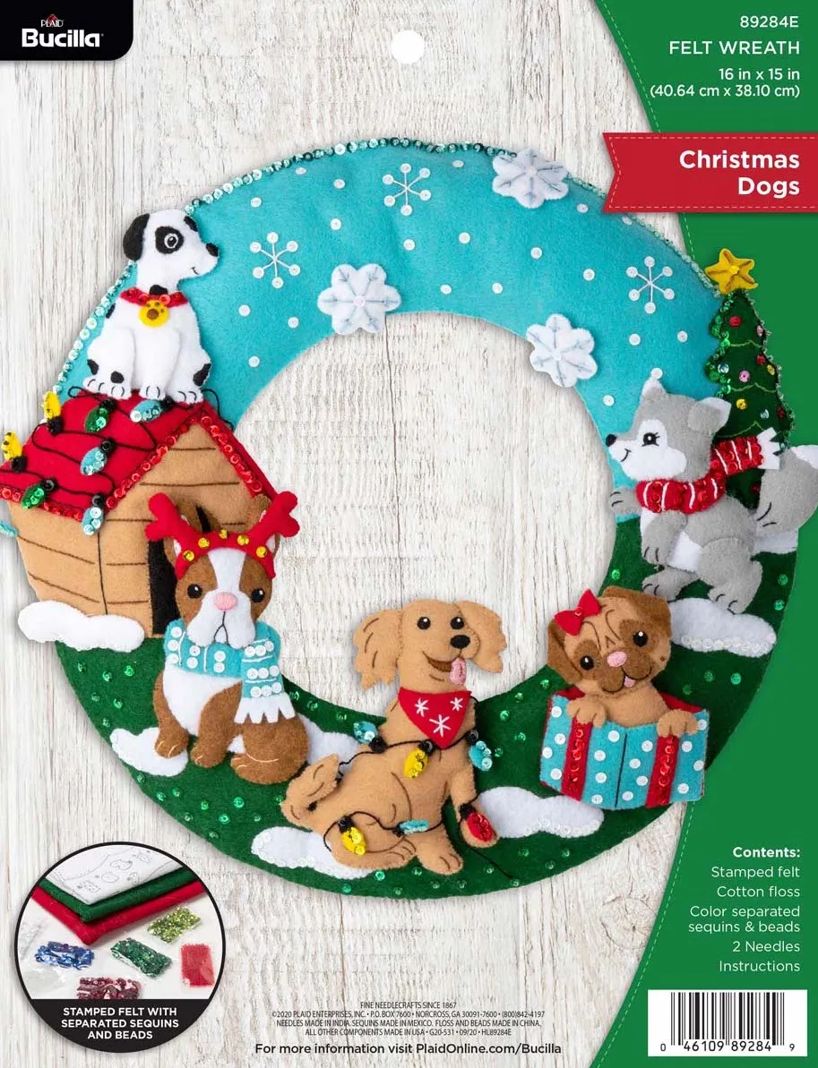 DIY Bucilla Christmas Dogs Puppy Pets Christmas Wreath Felt Craft Kit
