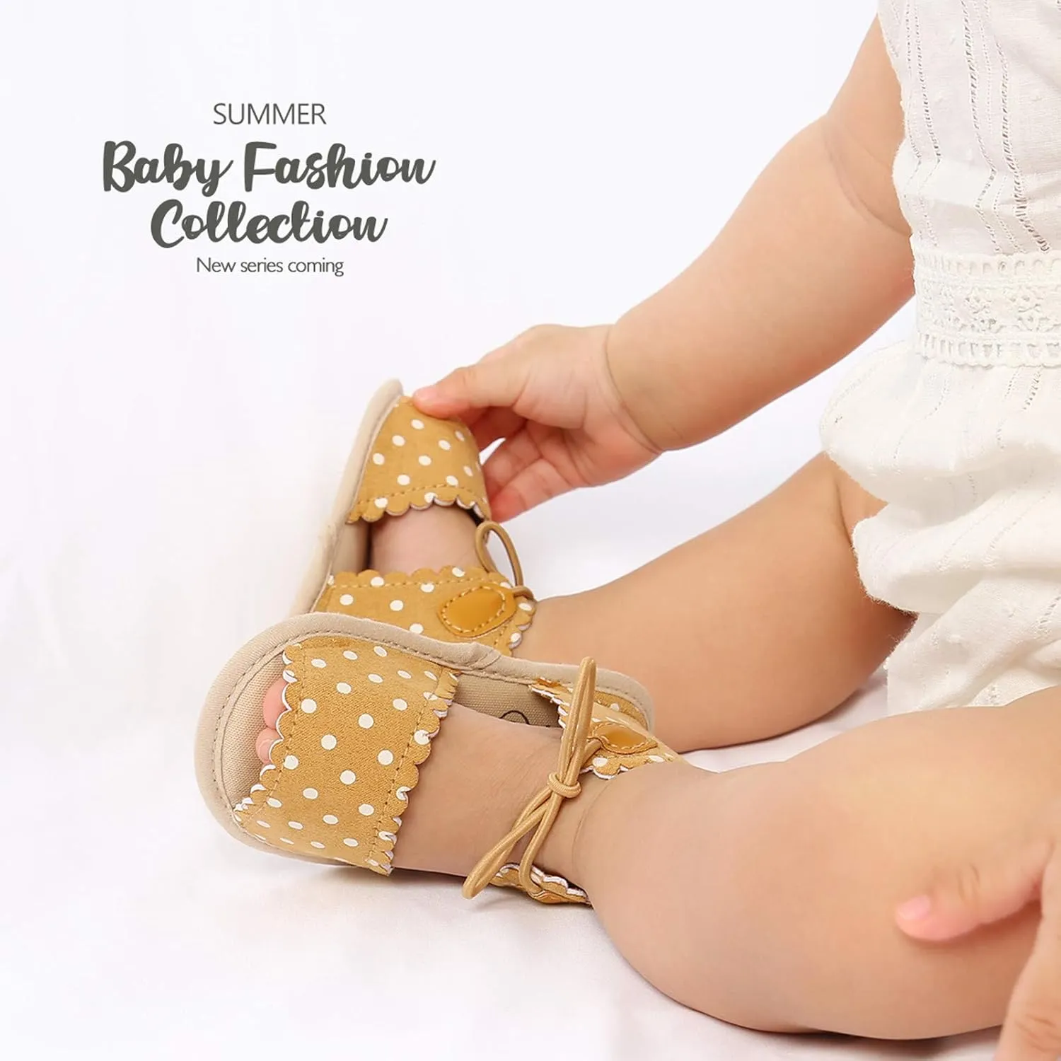 EnJoCho Cute Dots Lace-ups Flat Walking Rubber Sandals Soft Sole Shoes Non-Slip Baby Girls Baby Lightwight Shoes (Yellow, 13-18M)