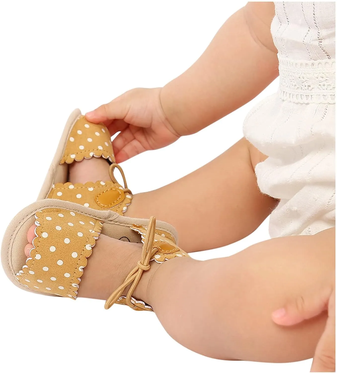 EnJoCho Cute Dots Lace-ups Flat Walking Rubber Sandals Soft Sole Shoes Non-Slip Baby Girls Baby Lightwight Shoes (Yellow, 13-18M)