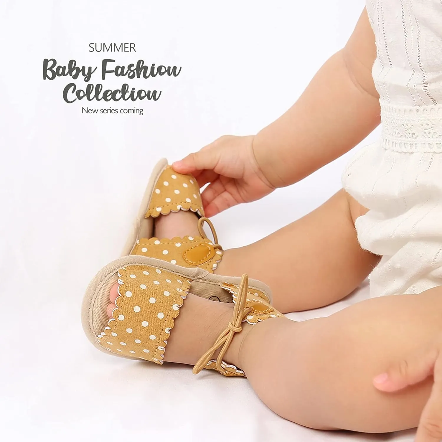 EnJoCho Cute Dots Lace-ups Flat Walking Rubber Sandals Soft Sole Shoes Non-Slip Baby Girls Baby Lightwight Shoes (Yellow, 13-18M)