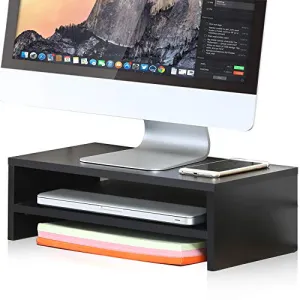 FITUEYES Computer Monitor Stand Clamp Desk TV Shelf Risers 16.7 inch 2 Tiers Monitor Stand Save Space Black