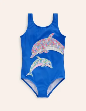 Fun Appliqué Swimsuit-Aqua Blue Dolphin