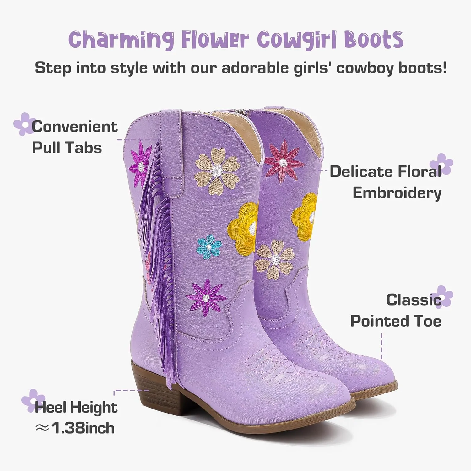 Girls Cowboy Boots Toddler Cowgirl Floral Embroidered Fringe Little Kids Western Boots Girl Riding Boot Birthday Party