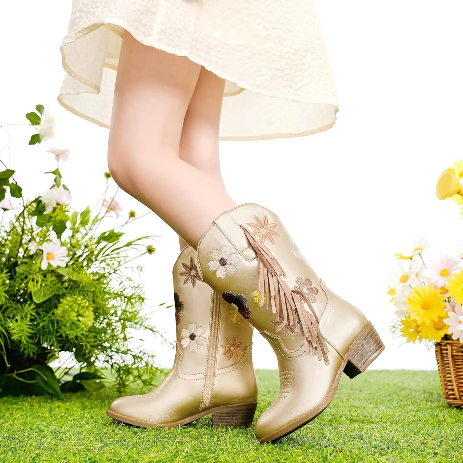 Girls Cowboy Boots Toddler Cowgirl Floral Embroidered Fringe Little Kids Western Boots Girl Riding Boot Birthday Party