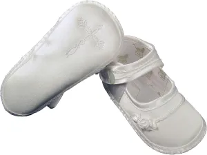 Girls Satin Christening Shoe with Celtic Cross and Rosette - 4 White