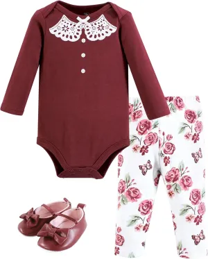 Hudson Baby Unisex Baby Cotton Bodysuit, Pant and Shoe Set, Sweet Roses