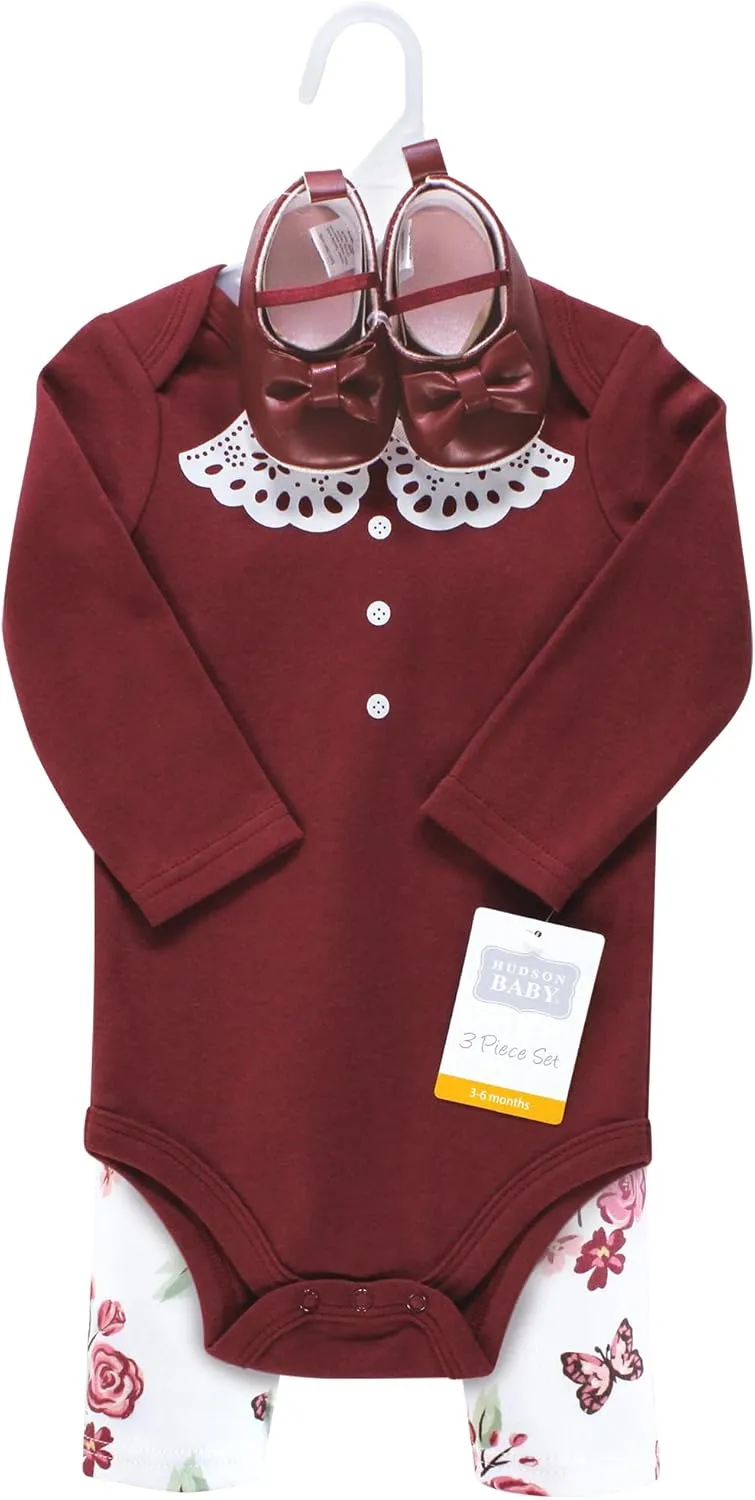 Hudson Baby Unisex Baby Cotton Bodysuit, Pant and Shoe Set, Sweet Roses