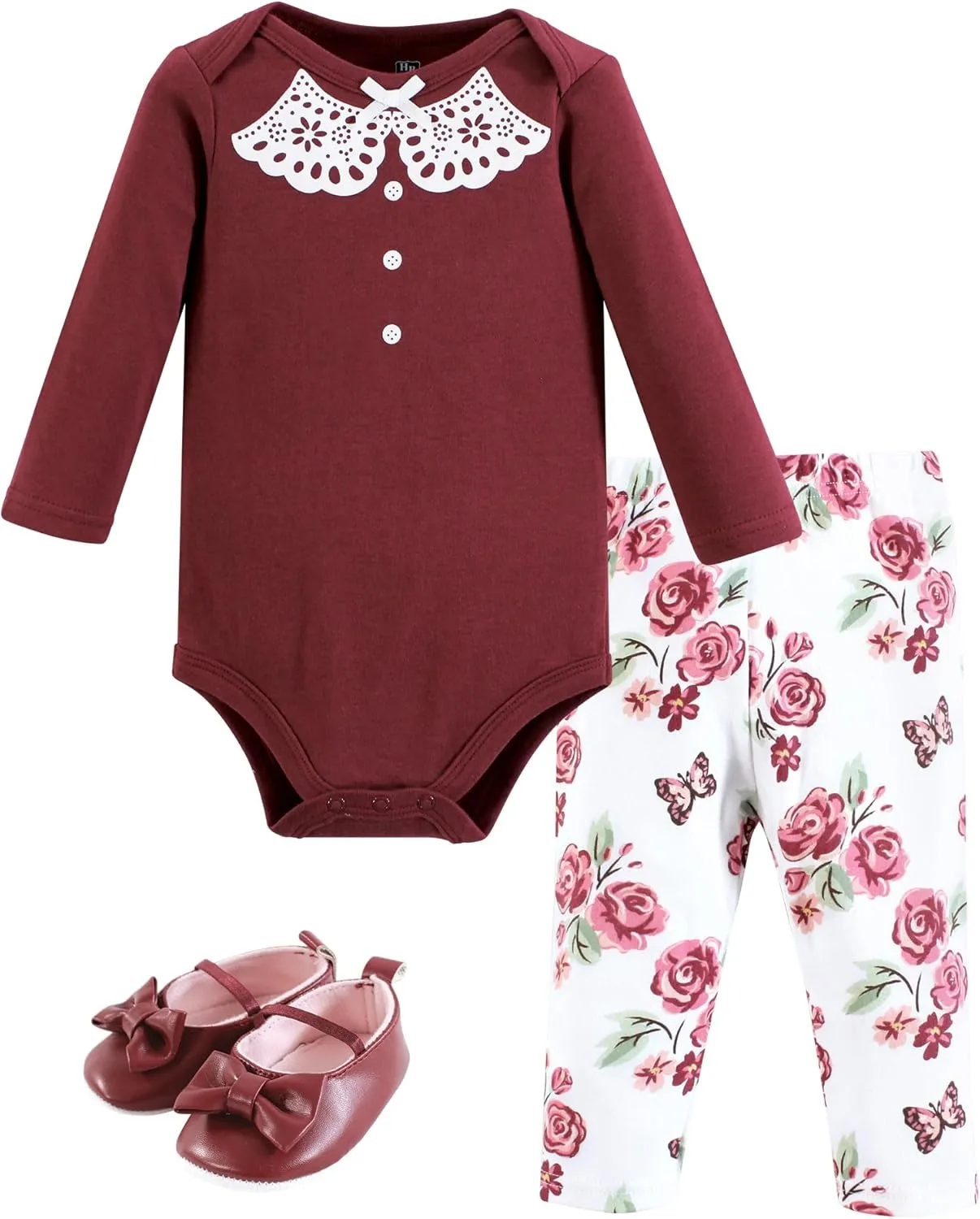 Hudson Baby Unisex Baby Cotton Bodysuit, Pant and Shoe Set, Sweet Roses