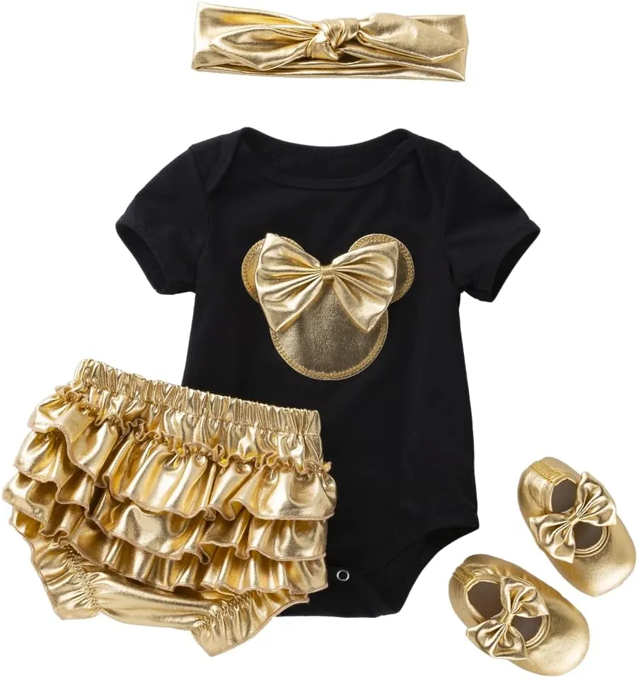 Infant Girls 4pcs Mini Mouse Gold Shorts Set Soft Romper Bloomers Shoes Headband Outfit