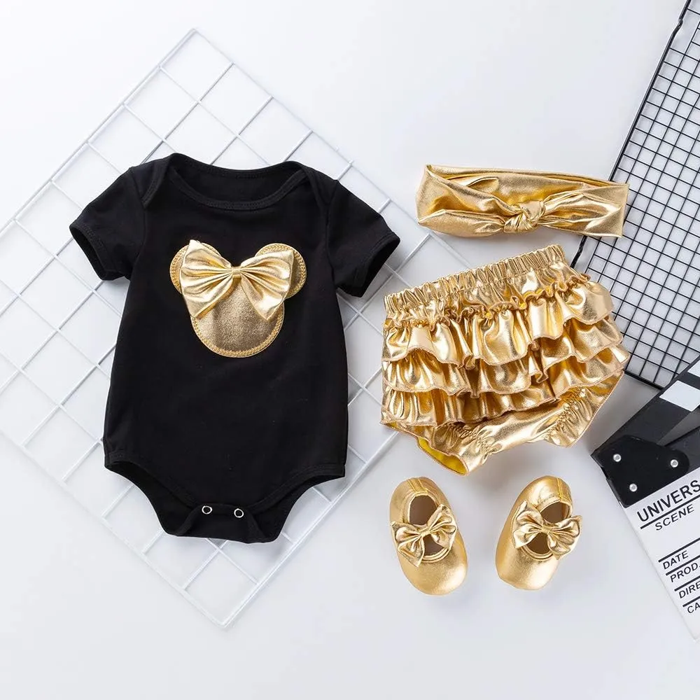 Infant Girls 4pcs Mini Mouse Gold Shorts Set Soft Romper Bloomers Shoes Headband Outfit