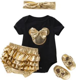 Infant Girls 4pcs Mini Mouse Gold Shorts Set Soft Romper Bloomers Shoes Headband Outfit