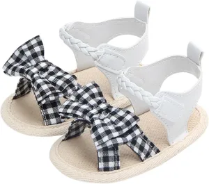 Infant Girls Open Toe Plaid Bowknot Shoes First Walkers Shoes Summer Toddler Flat Sandals Soccer Slippers