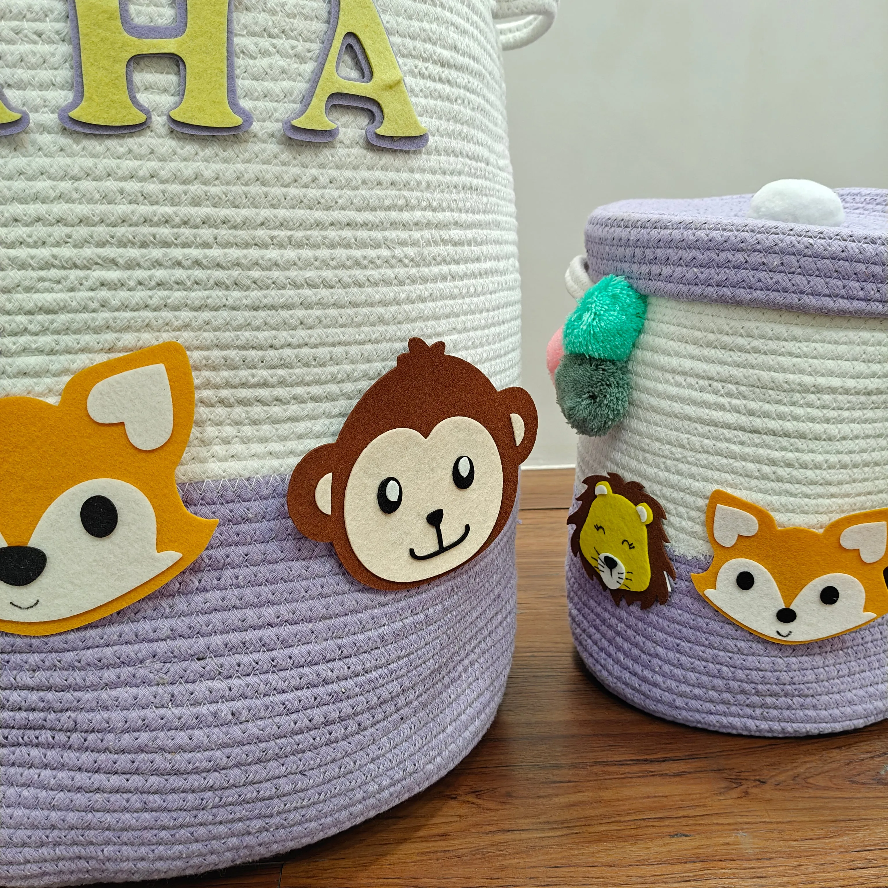 Jute Cotton Storage Basket with Lid-Purple Paw