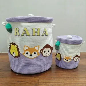 Jute Cotton Storage Basket with Lid-Purple Paw