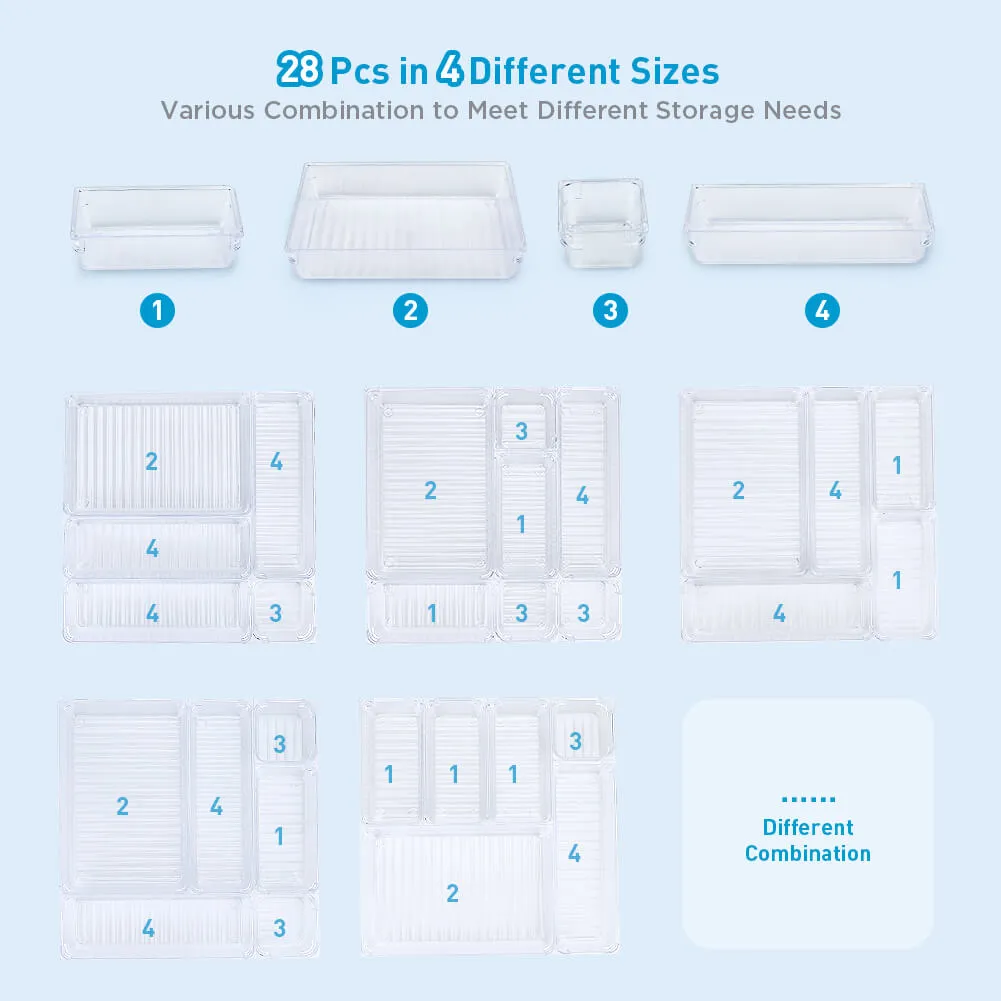 Kootek 28 Pcs Desk Drawer Organizer Tray with 4 Different Sizes, Customize Layout Storage Box Drawer Tray Dividers Organizers Versatile Storage Bins for Kitchen Bathroom Dresser Office