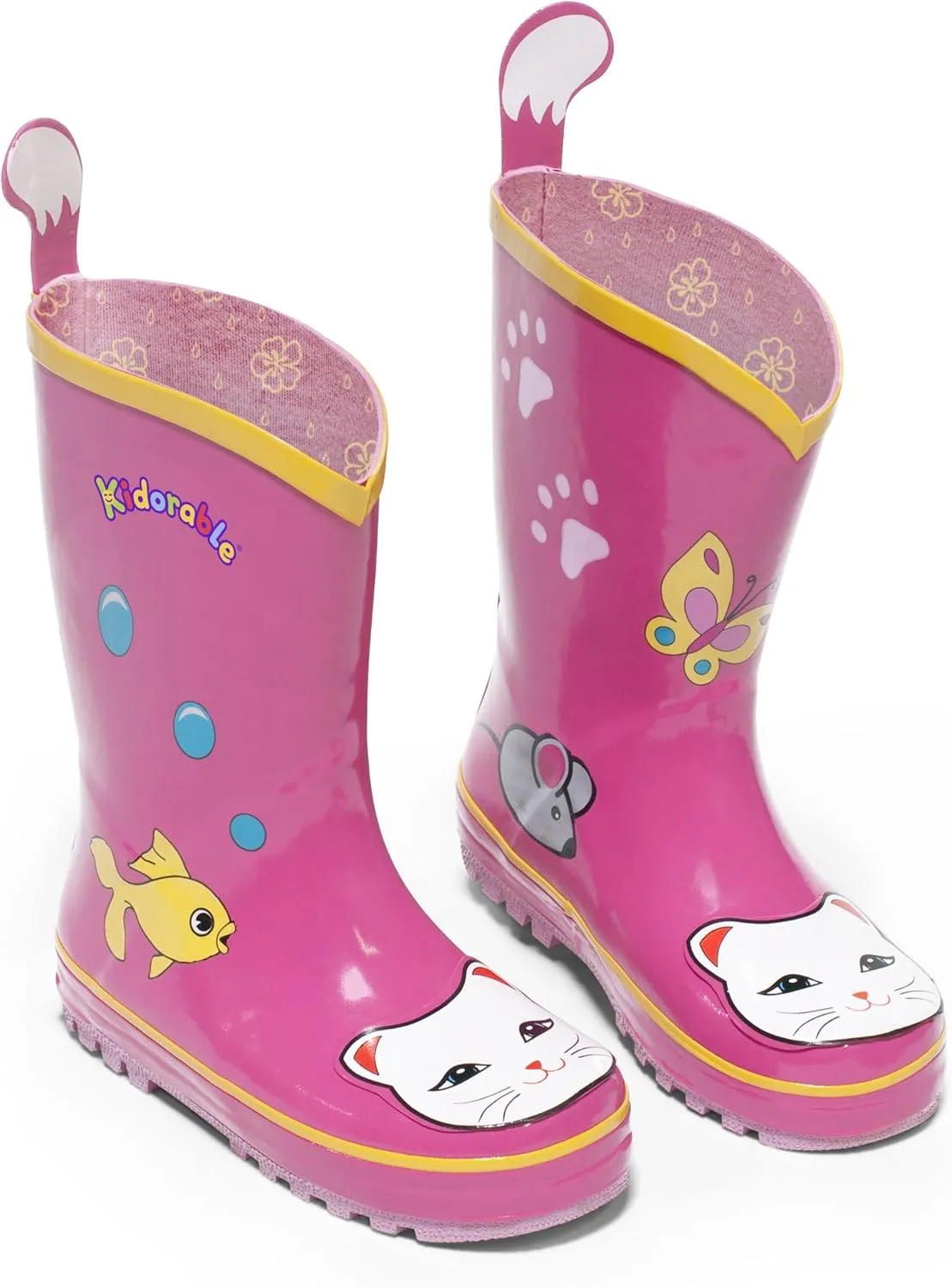 Lucky Cat Rainboots, Pink, Kids Sizes, Natural Rubber Boots with Cotton Lining, Pull On Heel Tab & Non-Slip Sole