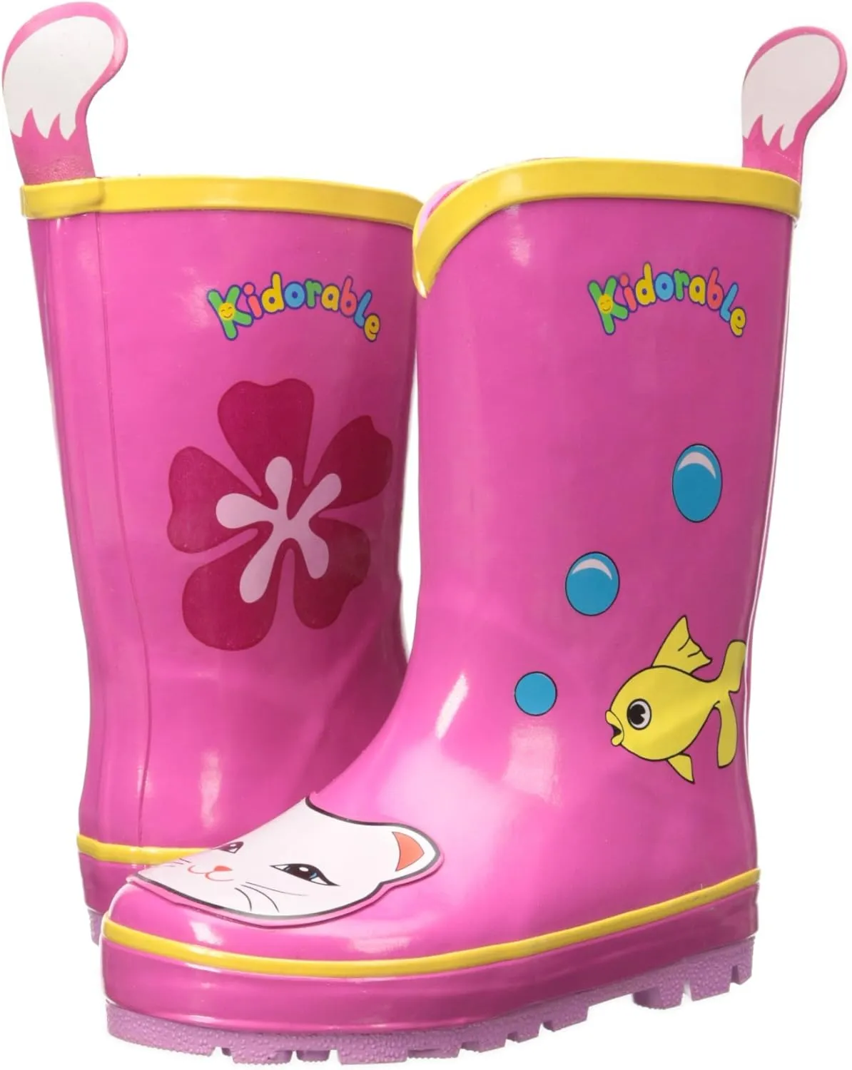 Lucky Cat Rainboots, Pink, Kids Sizes, Natural Rubber Boots with Cotton Lining, Pull On Heel Tab & Non-Slip Sole