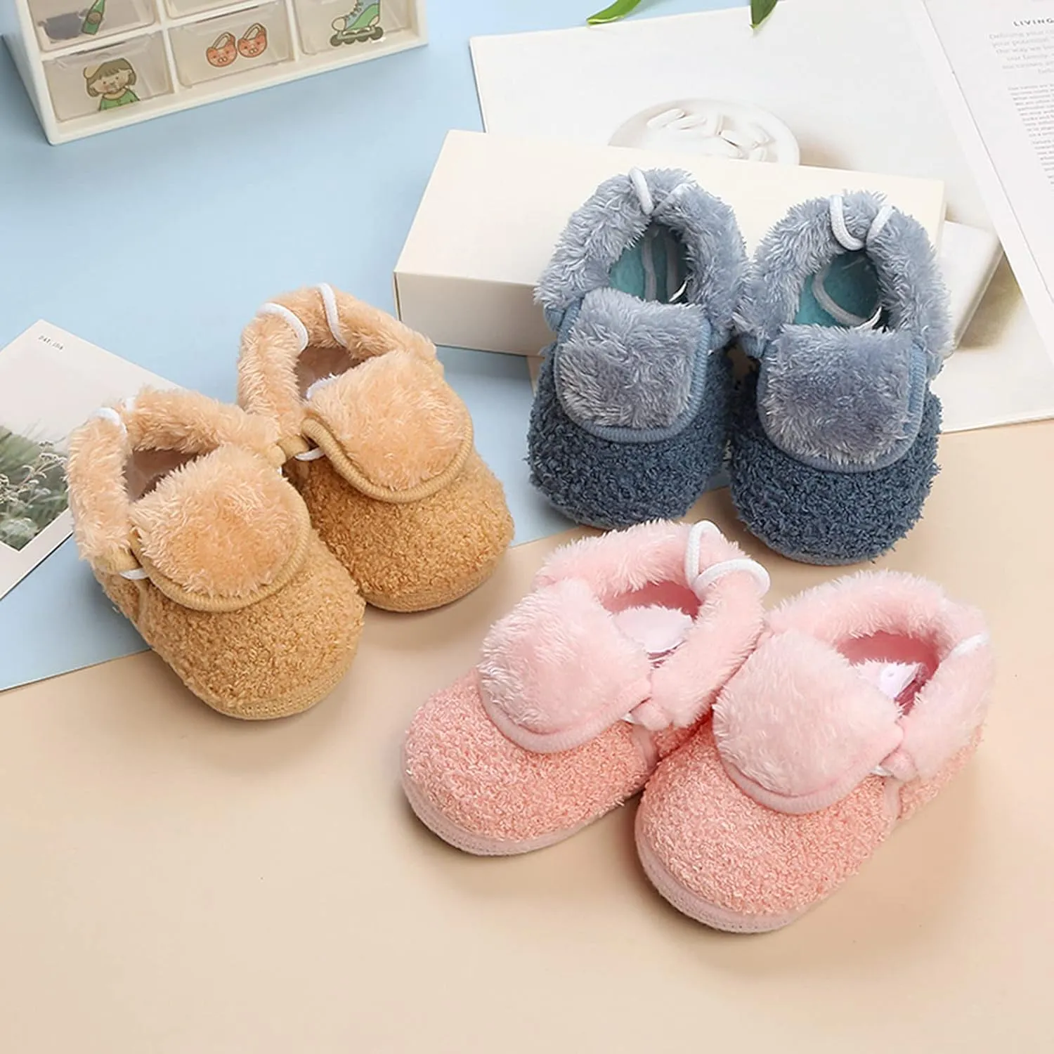 Newborn Baby Cozy Fleece Booties with Grippers Winter Slippers Socks Soft Sole Stay On Infant First Crib Shoes