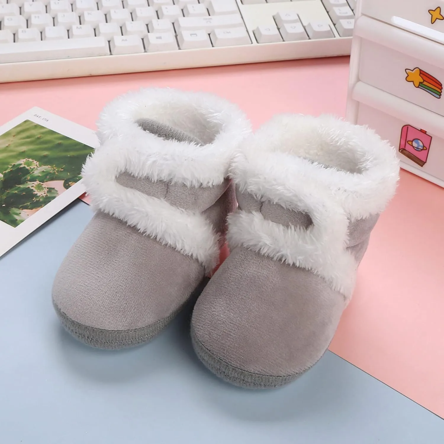 Newborn Baby Cozy Fleece Booties with Grippers Winter Slippers Socks Soft Sole Stay On Infant First Walker Shoes