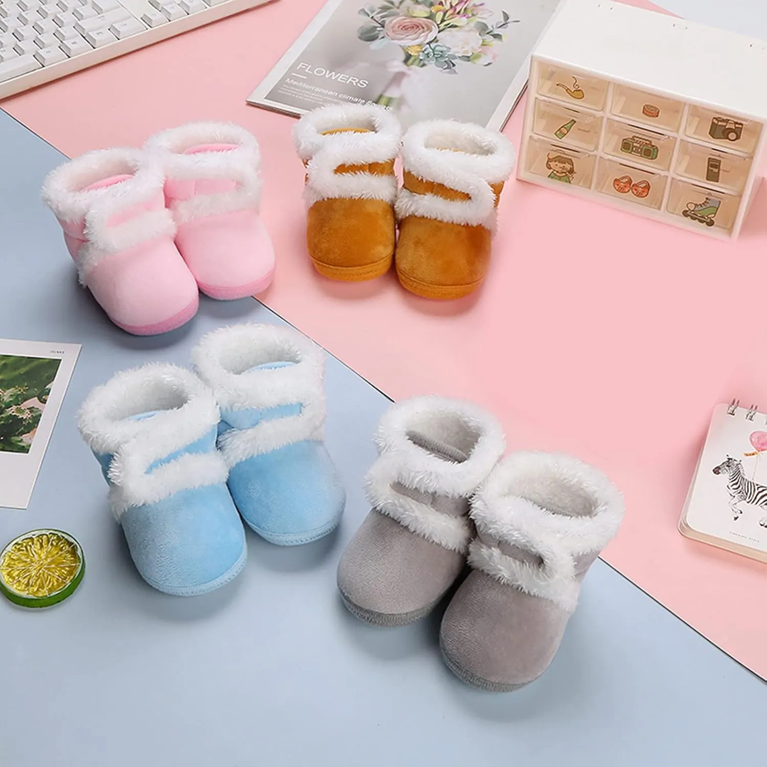 Newborn Baby Cozy Fleece Booties with Grippers Winter Slippers Socks Soft Sole Stay On Infant First Walker Shoes