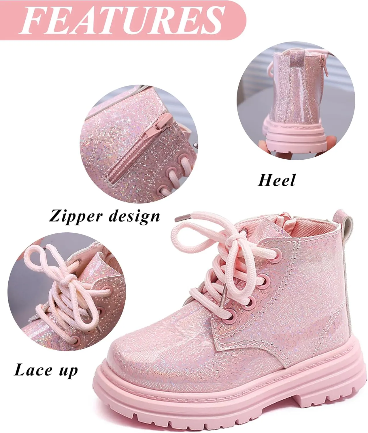 SEAUR Toddler Girl Ankle Boots Side Zip Work Boot Short Fall Boots Little Kids Waterproof Combat Boots Lace Up Leather Boots