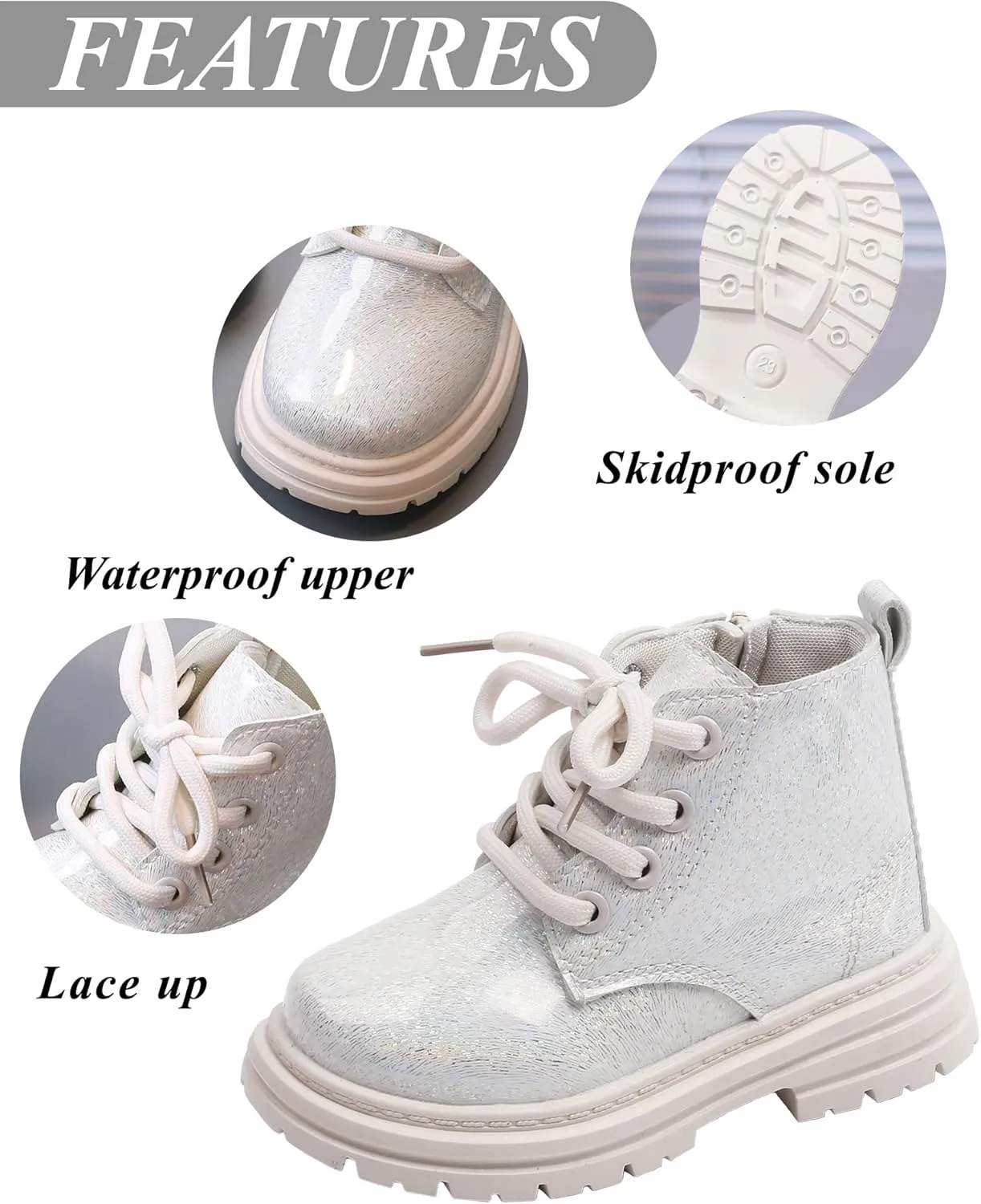 SEAUR Toddler Girl Ankle Boots Side Zip Work Boot Short Fall Boots Little Kids Waterproof Combat Boots Lace Up Leather Boots