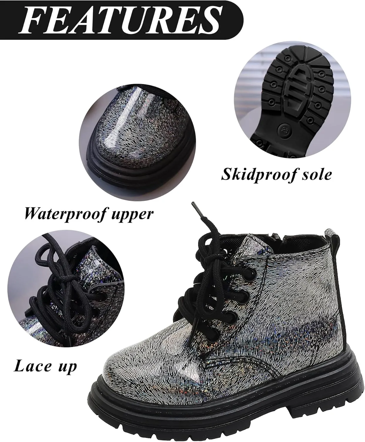 SEAUR Toddler Girl Ankle Boots Side Zip Work Boot Short Fall Boots Little Kids Waterproof Combat Boots Lace Up Leather Boots